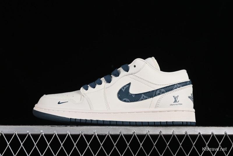 Nike Air Jordan 1 Low LV Collaboration - White with Blue Swoosh Custom Casual Sneakers - WG8850-005
