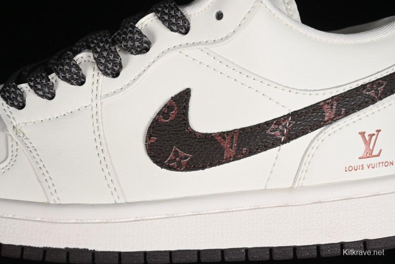 Nike Air Jordan 1 Low LV Collaboration Sneakers - Classic Monogram Swoosh in Off-White - WG8850-004