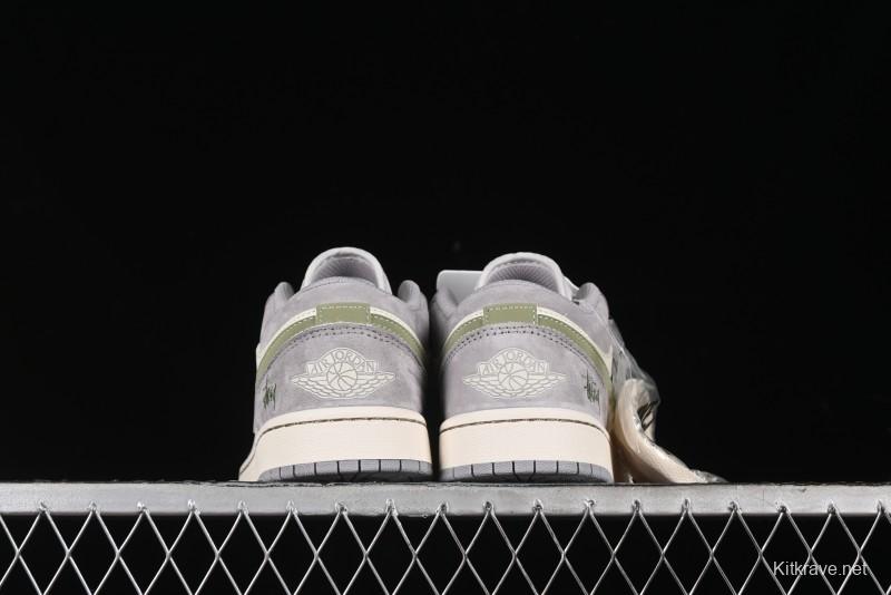 Nike Air Jordan 1 Low Stussy Collaboration - Light Green Elegant Grey Retro Basketball Shoes - WG8850-016