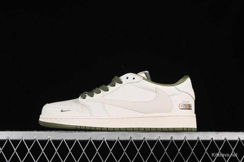 Nike Travis Scott x Fragment Design x Air Jordan 1 Low OG SP AJ1 Retro Sneakers in Off-White & Fresh Green - DM6688-606