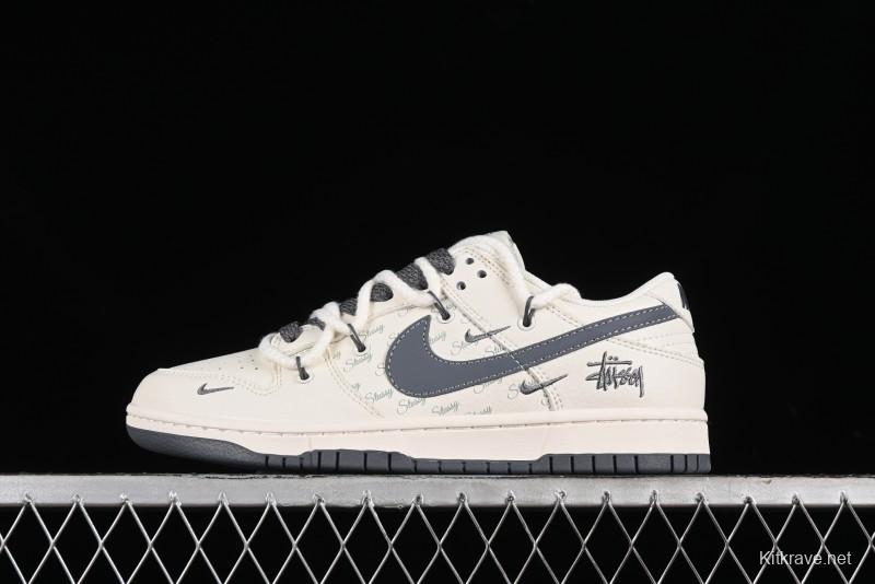Stussy x Nike Dunk Low SB Sneakers in Off-White and Gray with Stussy S Titanium Accessory - SJ2068-275