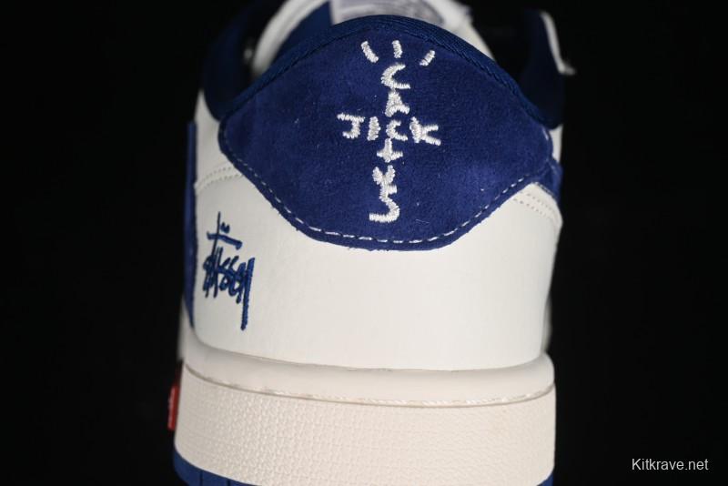 Nike Travis Scott x Fragment Design x Air Jordan 1 Low OG SP AJ1 Supreme Stussy Collaboration - Suede Blue Swoosh Low-Top Casual Sneakers - SJ2068-127