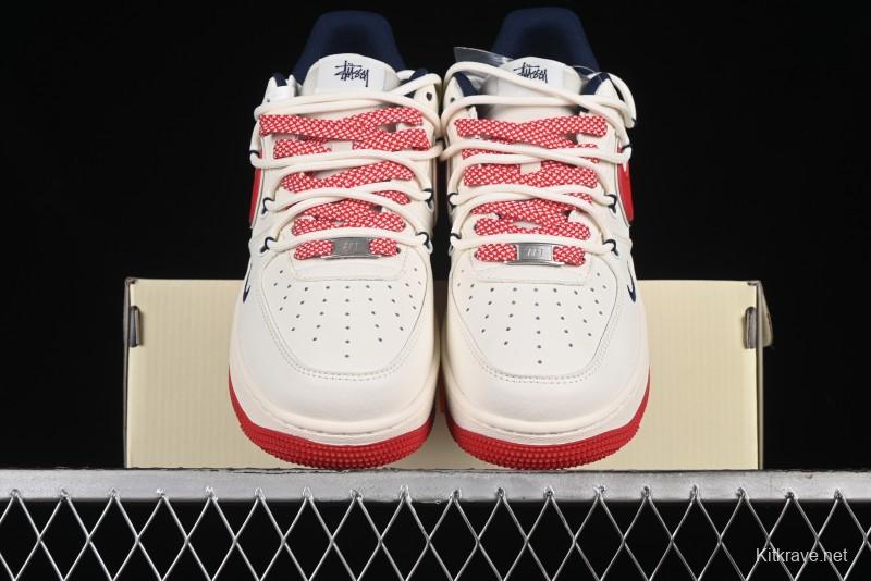 Nike Air Force 1 '07 Low Stussy Collaboration - Off White Red Lace-Up Low-Top Casual Sneakers - SJ1198-300