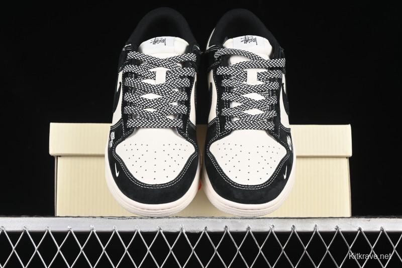Nike SB Dunk Low Supreme x Stussy Triple Collaboration - Black White Black Swoosh Anniversary Custom Low Top Casual Skate Shoes - SJ2068-300