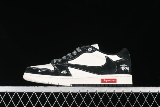 Nike Travis Scott x Fragment Design x Air Jordan 1 Low OG SP AJ1 Supreme Stussy Collaboration - Red Tab Black Warrior Low Top Casual Sneakers - SJ2068-124