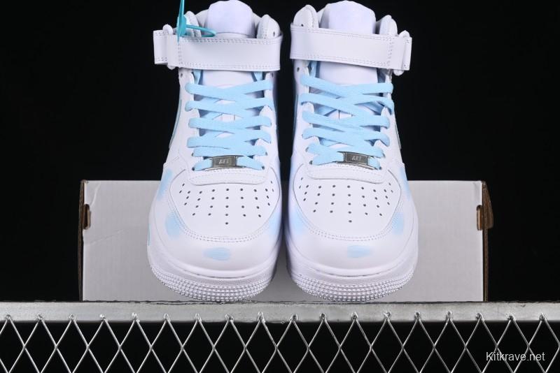 Nike Air Force 1 '07 Mid Light Blue Hand-Painted Cracked Three Stripes Shadow Mid-Top Casual Sneakers - CW2289-111