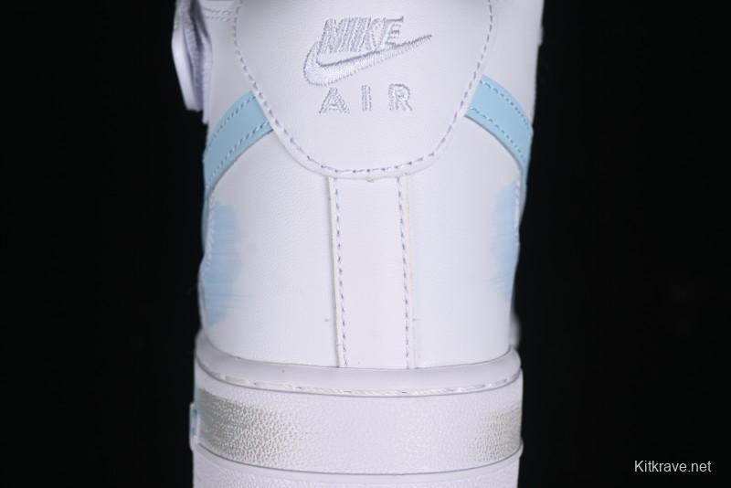 Nike Air Force 1 '07 Mid Light Blue Hand-Painted Cracked Three Stripes Shadow Mid-Top Casual Sneakers - CW2289-111