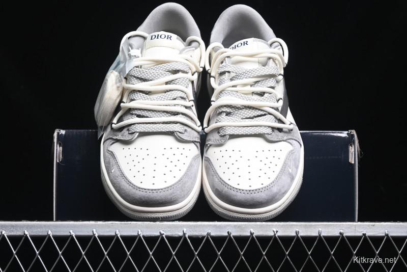 Nike Travis Scott x Fragment Design x Air Jordan 1 Low OG SP AJ1 Dior Collaboration - Splatter Lace-Up Low-Top Casual Sneakers DM9288-002