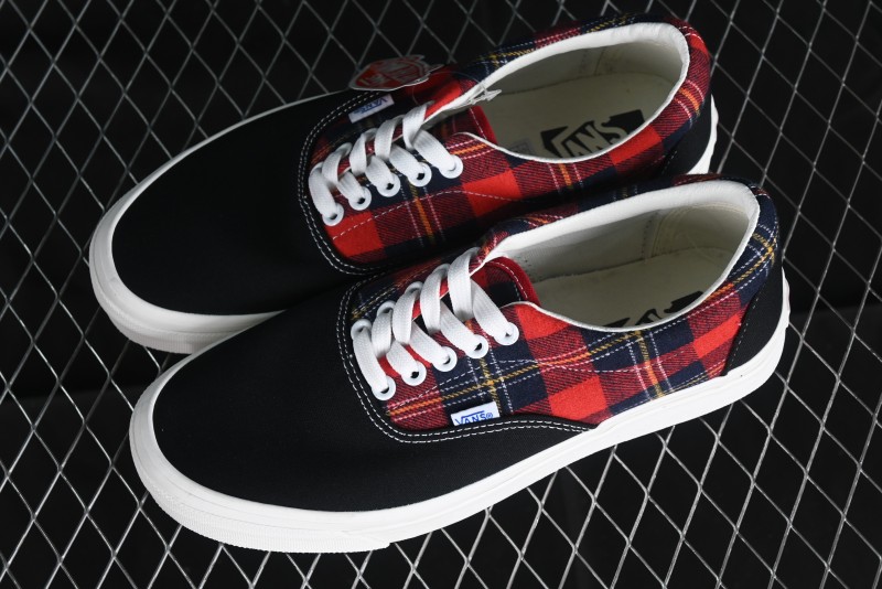 Vans Era Low-Top Skate Shoes with Black Canvas and Red Scottish Plaid Checkered Design - VN0A2RR1QWP