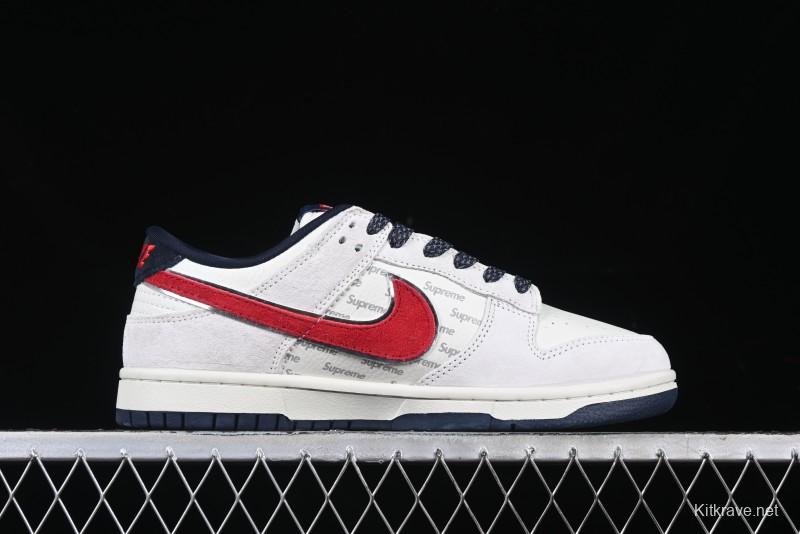 Nike SB Dunk Low Supreme Collaboration - Grey Pig Suede with Red Swoosh Anniversary Custom Edition Low-Top Casual Skate Shoes - CH8311-232