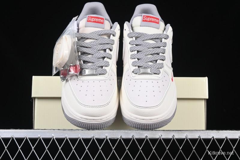 Nike Air Force 1 '07 Low Supreme Collaboration Beige Grey with Red Swoosh Casual Sneakers - BB7518-011