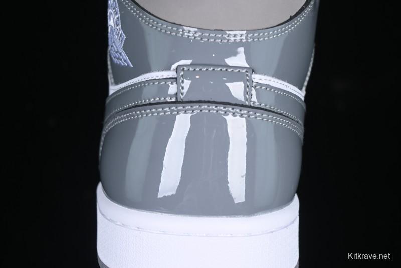 Nike Air Jordan 1 Mid AJ1 High-Top Basketball Shoes in White Grey Patent Leather - HF3216-100