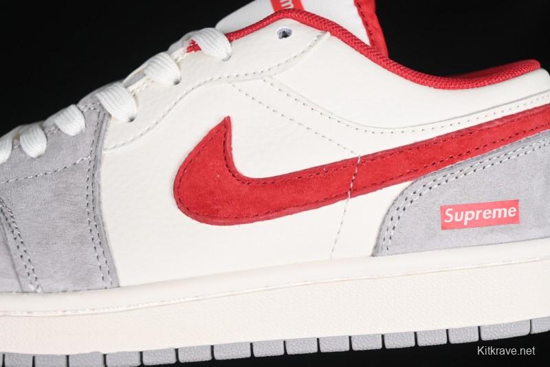 Nike Air Jordan 1 Low AJ1 Supreme Collaboration - White Grey Red Swoosh Retro Basketball Shoes - SJ9950-024