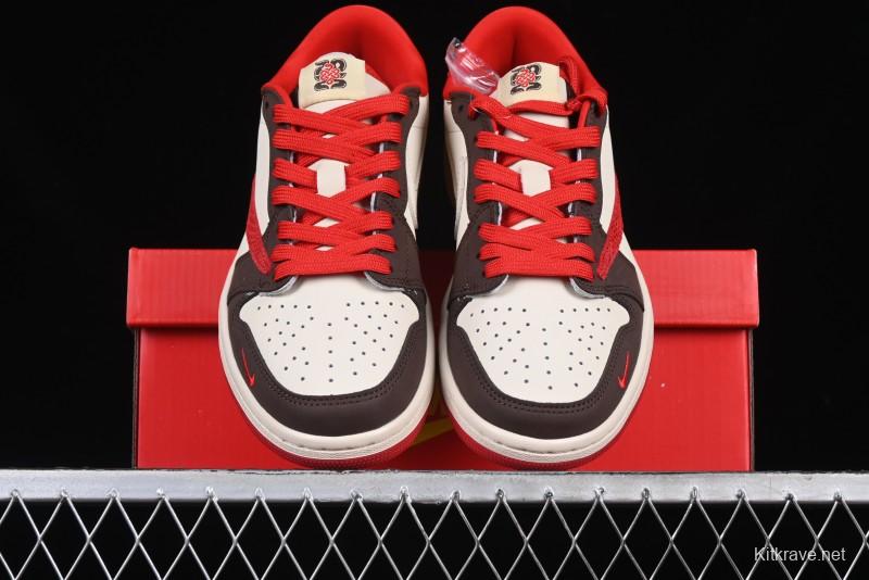 Nike Travis Scott x Fragment Design x Air Jordan 1 Low OG SP AJ1 Snake Year Limited Edition Snake Scale Red Hook Low Top Lifestyle Casual Sneakers - CH6336-020