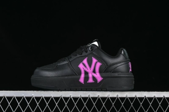 NY Yankees Black Leather Sneakers with Bold Pink Logo