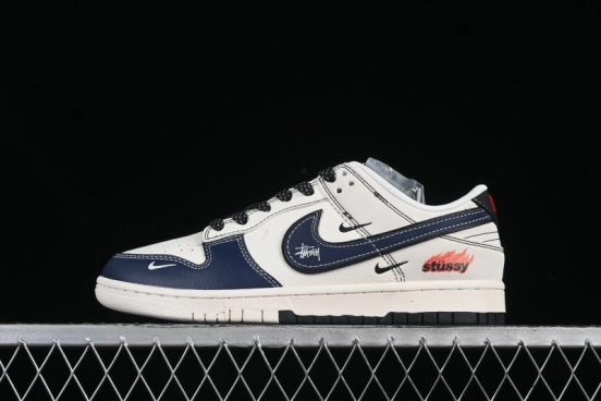 Nike SB Dunk Low Stussy Collaboration Beige Blue Flame Anniversary Custom Low-Top Casual Skate Shoes - ZH2598-226