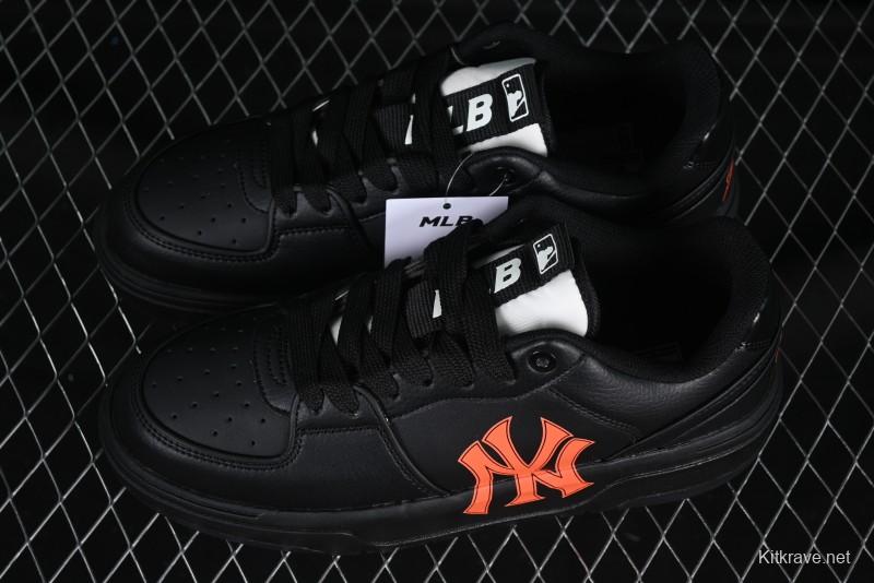 NY Yankees Black Leather Sneakers – Bold Orange Logo Edition