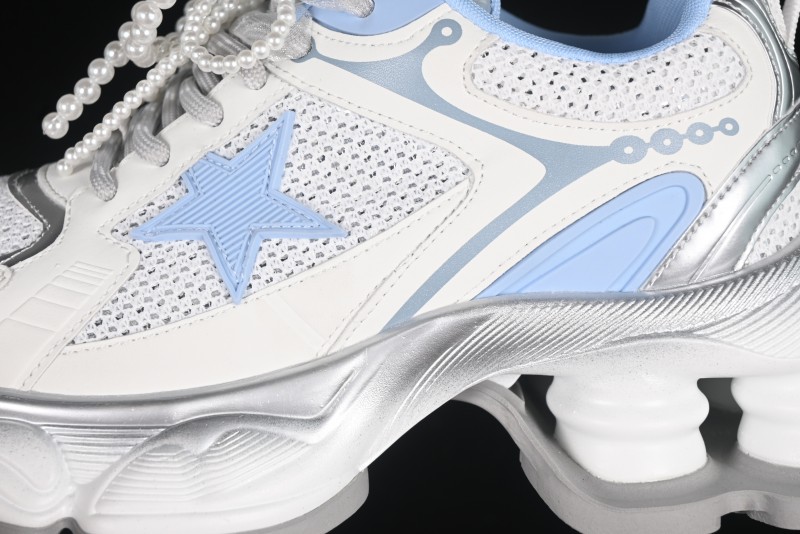 GG-CC Star Same Style Lace-Up Hollow Out Dad Shoes with 5cm Hidden Height Increase - G25X269 White Blue