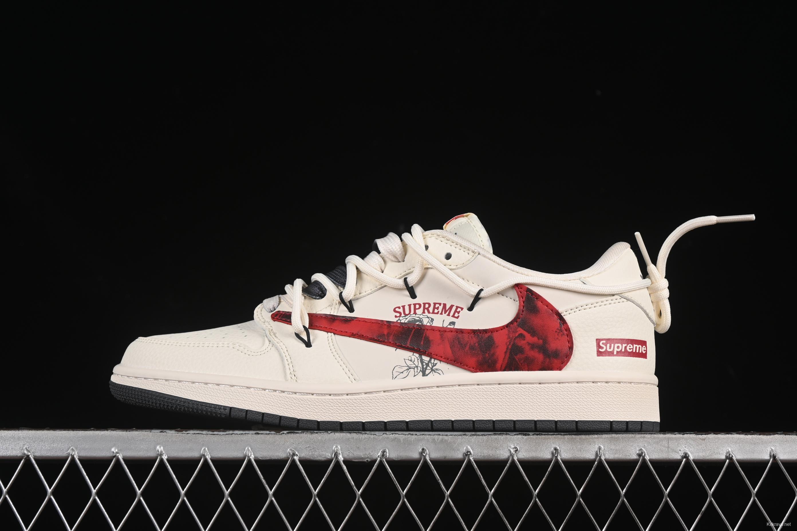 Nike Travis Scott x Fragment Design x Air Jordan 1 Low OG SP AJ1 Supreme Collaboration Sneakers with Reverse Swoosh - DM6868-109