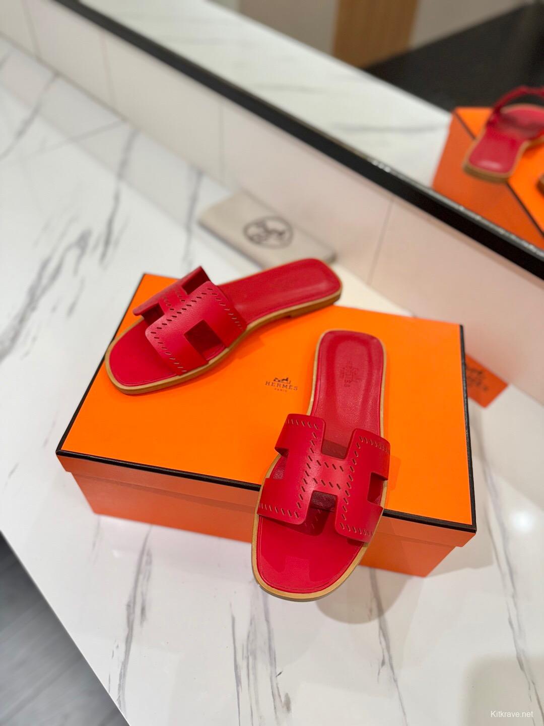 2025 Women Hermès Red Leather Slippers KFY00260