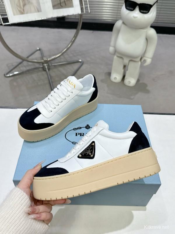 2025 Women Prada White Black Leather Suede Sneakers