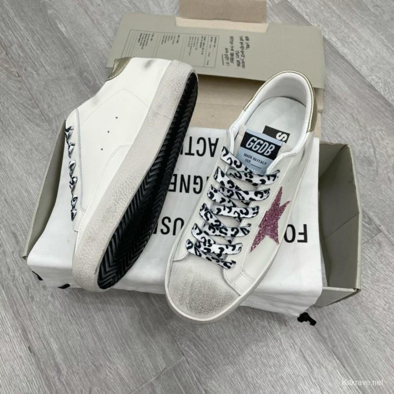 2025 Women GGDB White Pink Leather Sneakers Glitter Star
