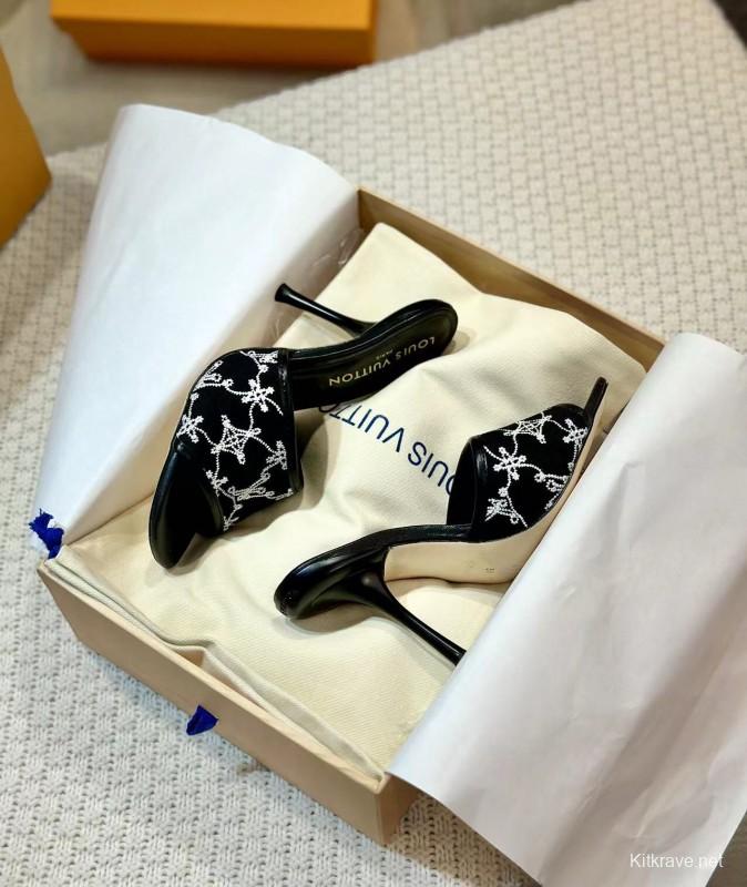 2025 Women Louis Vuitton Black White Embroidered Leather High Heel LY00250