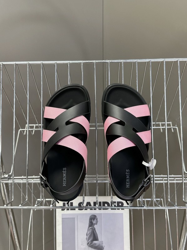 2025 Women Hermès Pink Black Leather Sandals