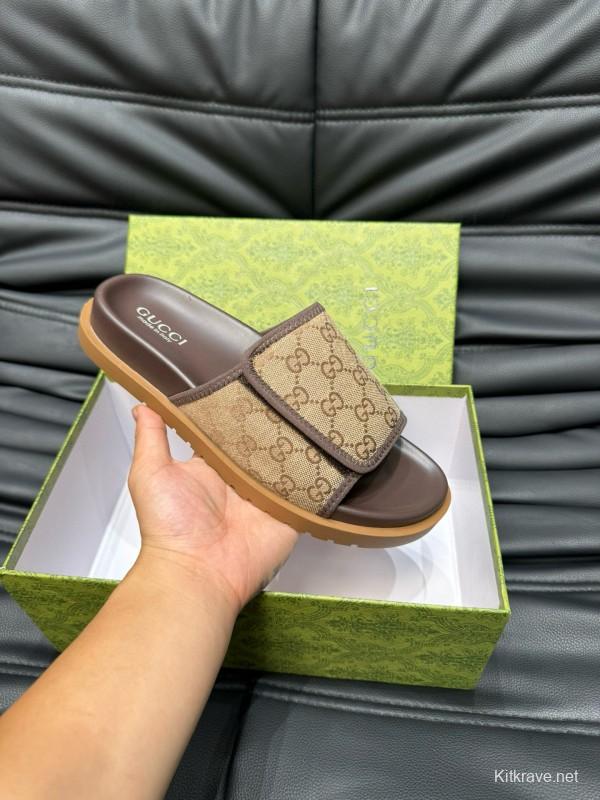 2024 Slippers Gucci Brown Canvas Leather Slippers MJ00200