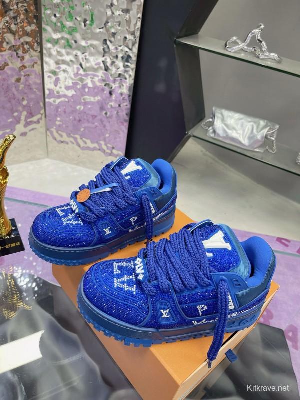 2024 Unisex Louis Vuitton Blue Rhinestone Trainer Sneakers Heat Pressing MJ00430