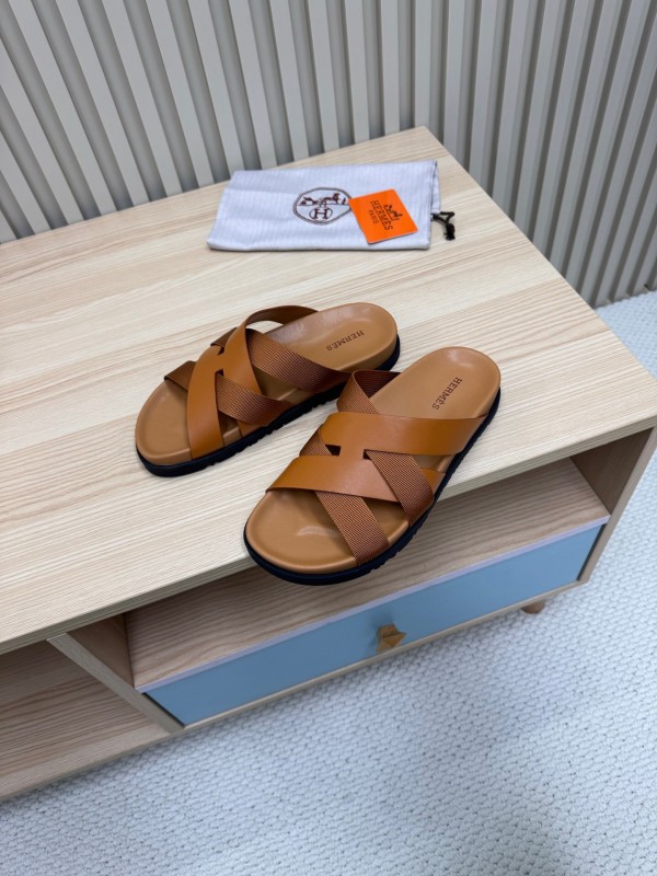 2025 Men Hermès Brown Leather Slippers