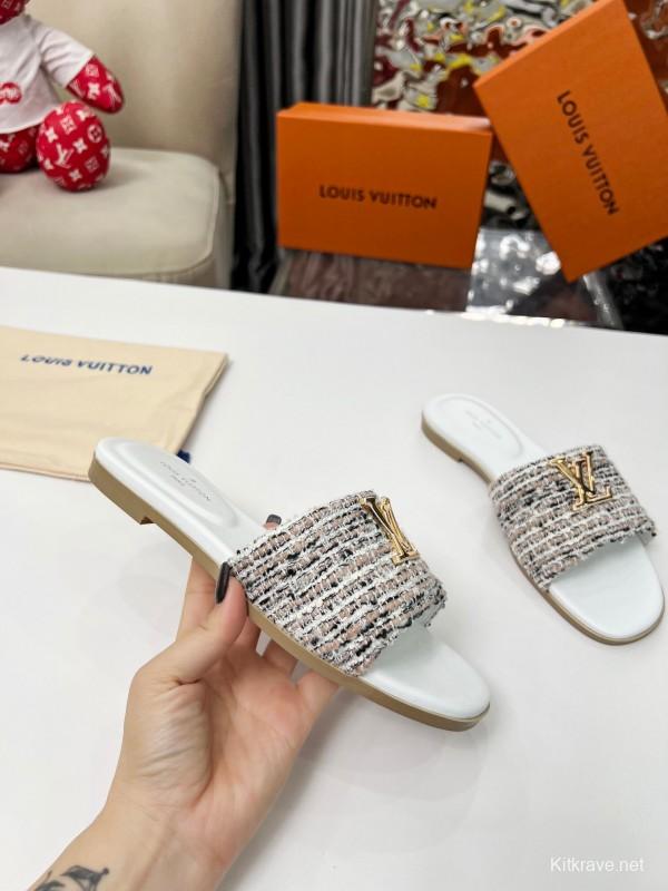 2025 Women Louis Vuitton White Tweed Leather Slippers LY00210