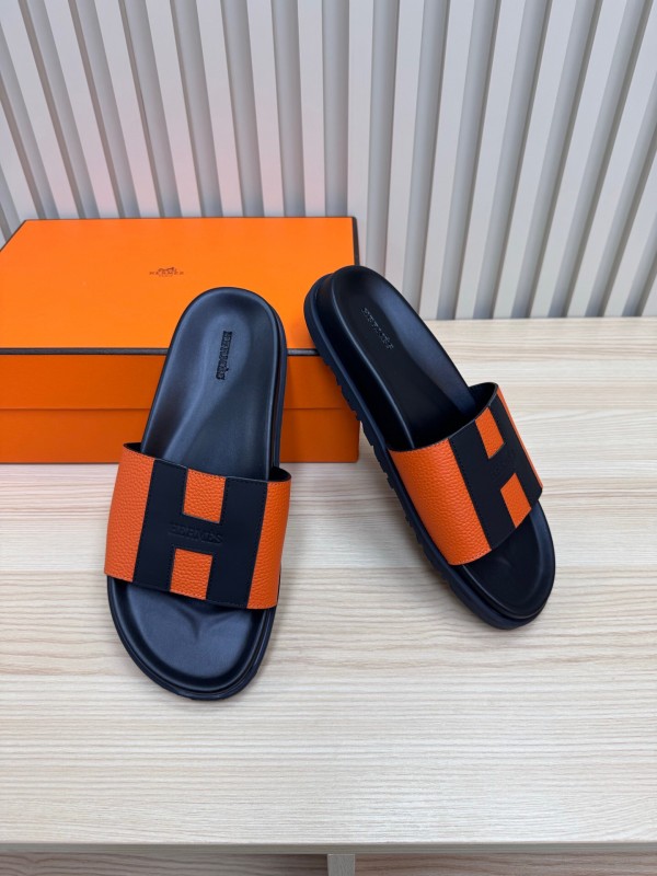 2025 Slippers Hermès Orange Black Leather Slippers