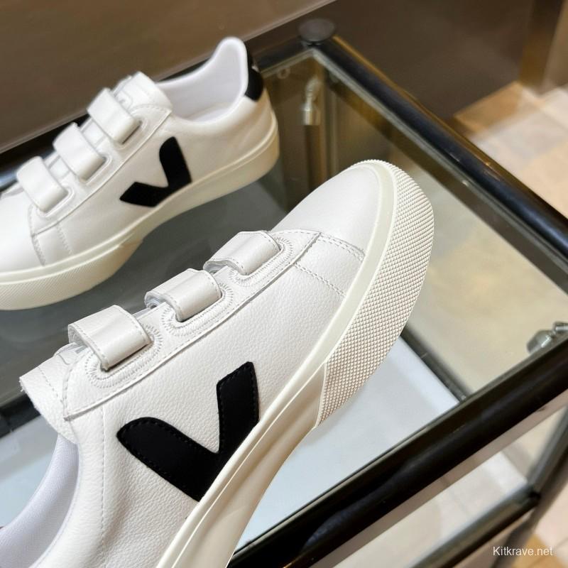 2025 Unisex VEJA White Black Leather Canvas Sneakers Velcro MJ00240(W/M)