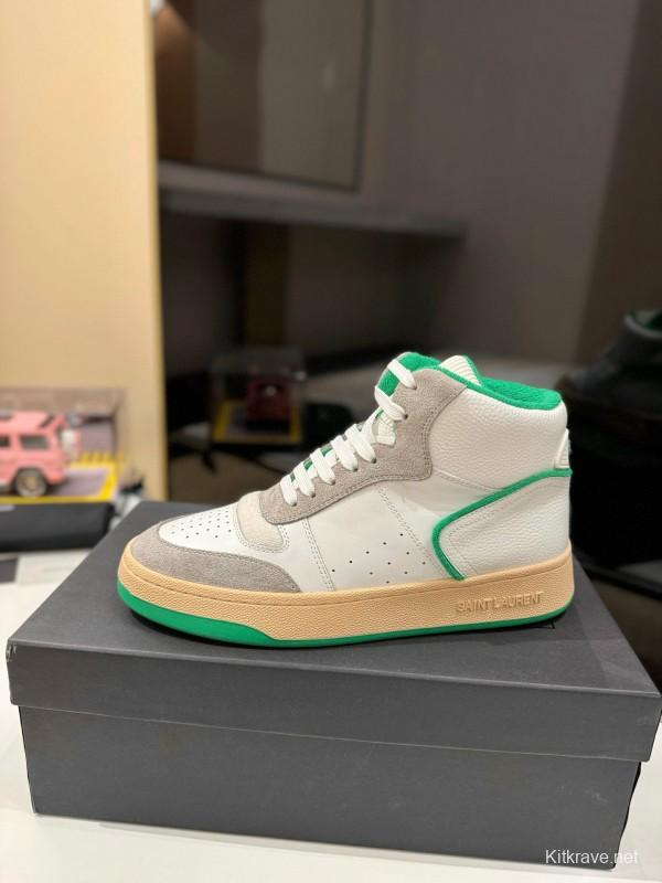 2024 Unisex Yves Saint Laurent White Grey Green Leather Suede Sneakers