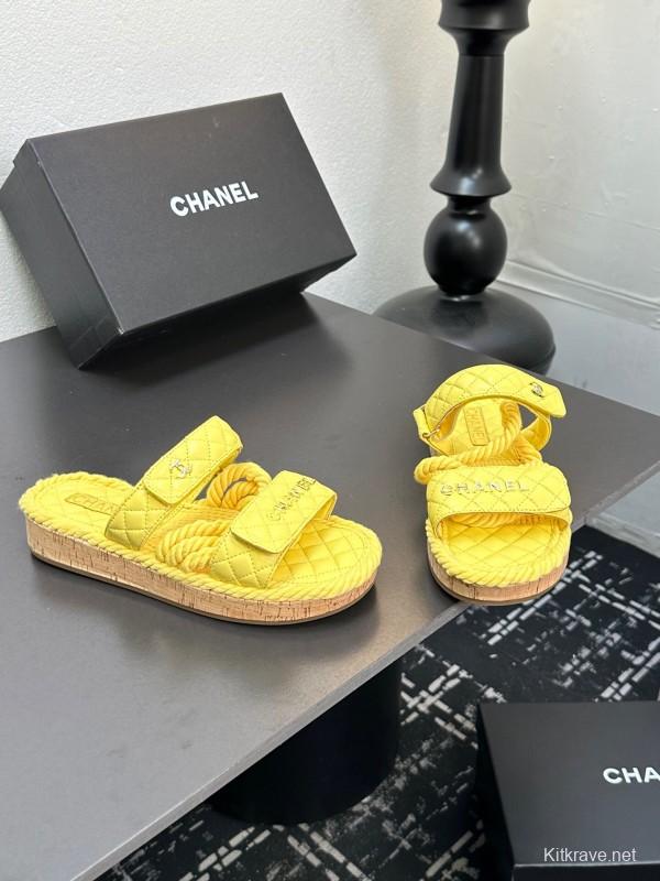 2025 CHANEL Yellow Quilted Fabric Slippers