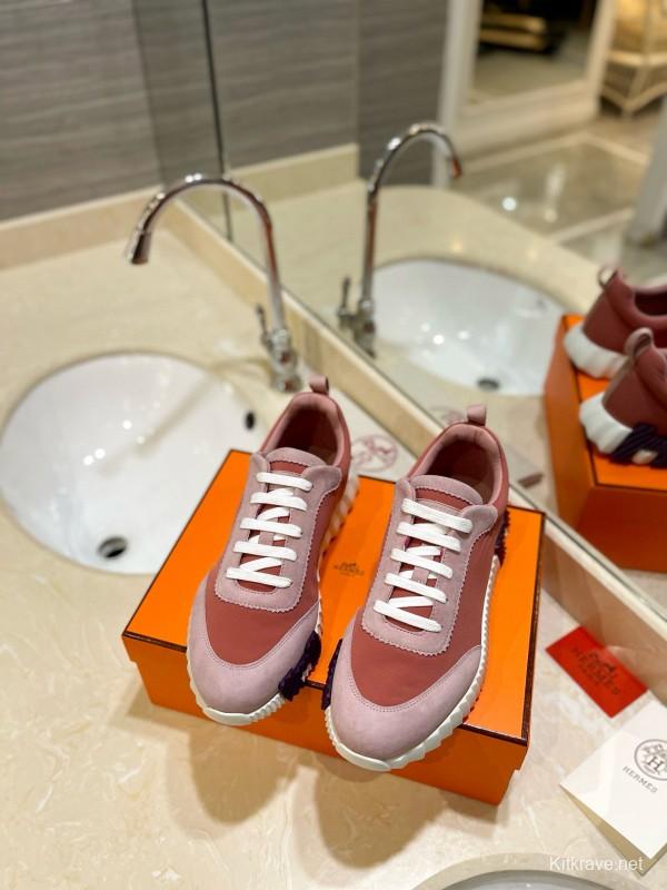 2024 Women Hermès pink beige suede mesh sneakers MJ00320