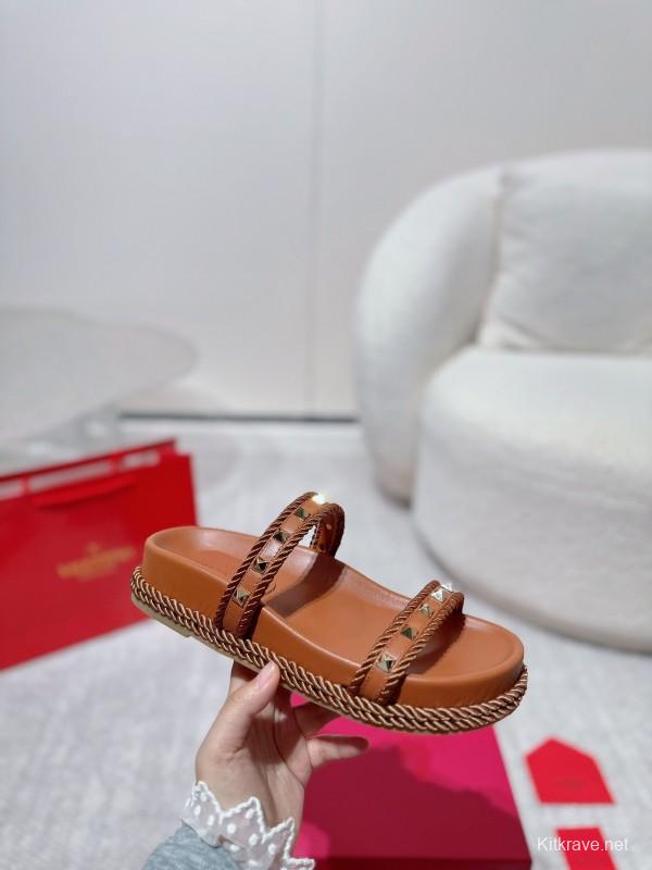 2025 Women Valentino Brown Leather Sandals Rope Braided LY00250