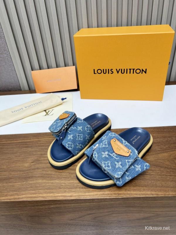 2025 LV Blue Denim Leather Slippers