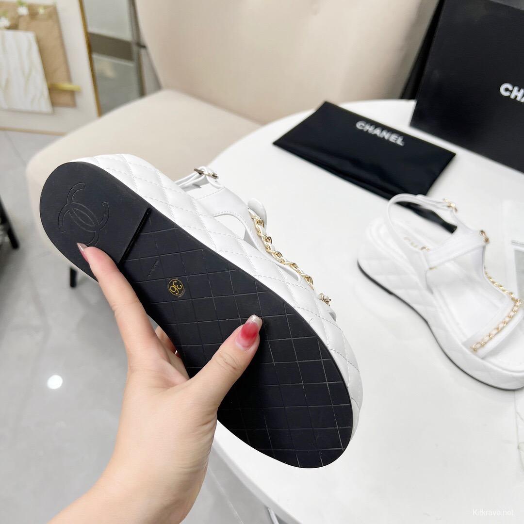 2025 Women Chanel White Leather Sandals Chain LY00260