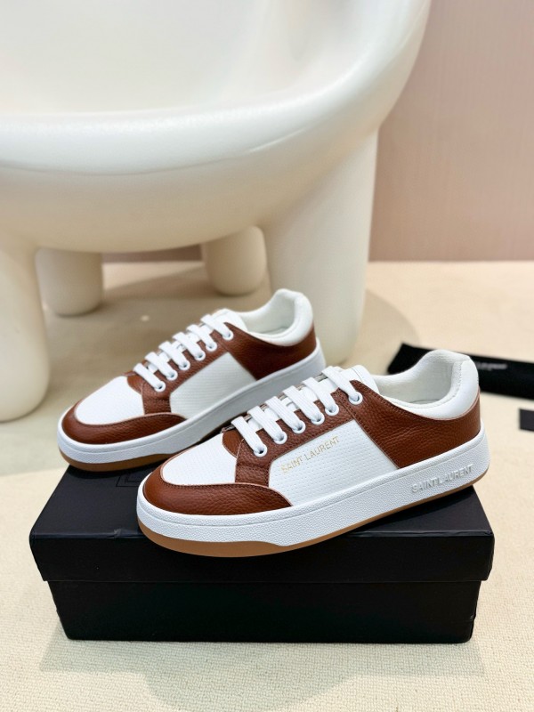 2024 Unisex Yves Saint Laurent White Brown Leather Canvas Sneakers MJ00350