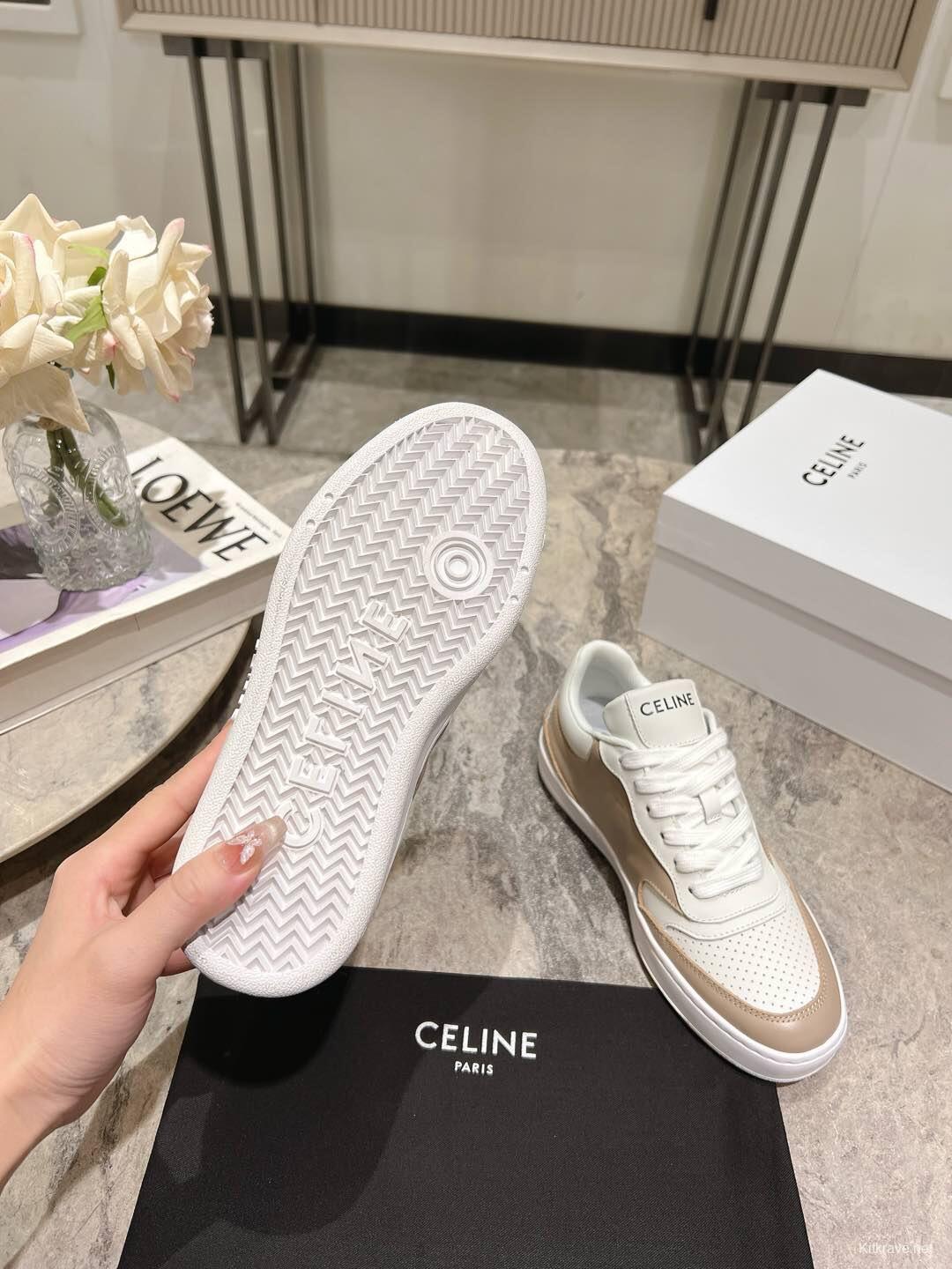 2025 Women Celine Beige White Leather Sneakers