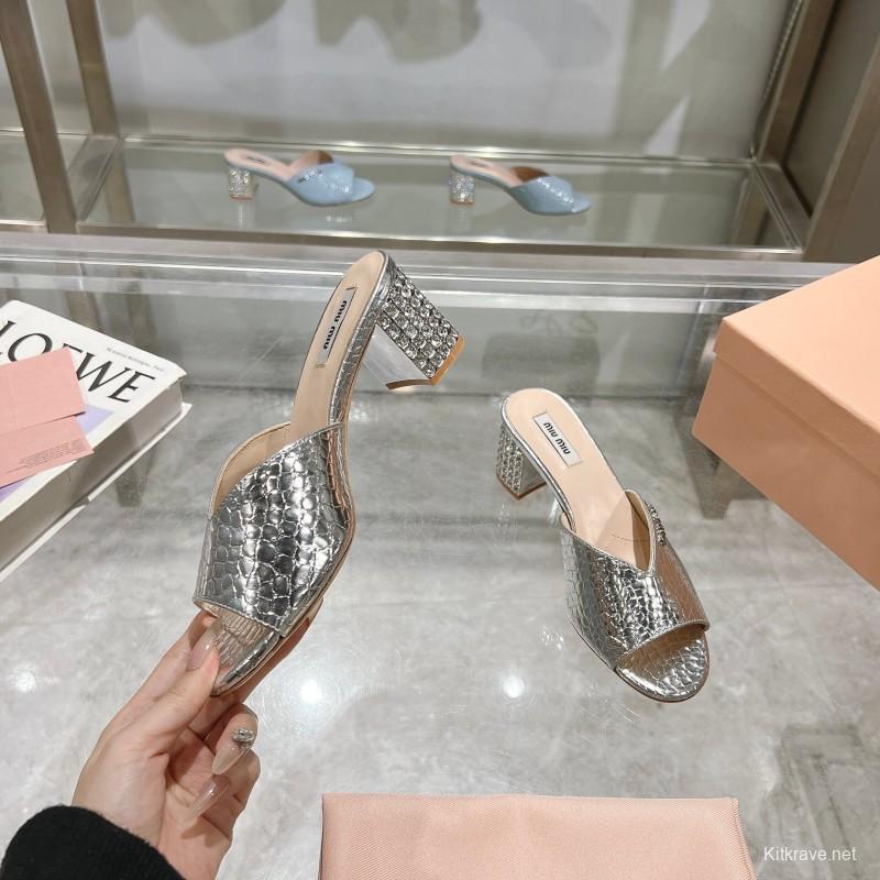 2025 Women Miu Miu Silver Leather Mules