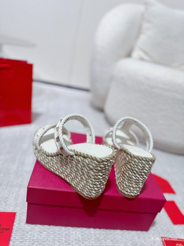2025 Women Valentino White Leather Wedge Sandals Studs LY00290
