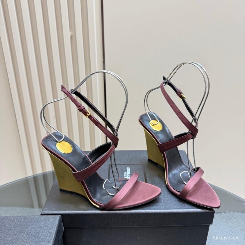 2025 Women Yves Saint Laurent Burgundy Suede Wedge Sandals Elegant Strappy Design KFY00290 (F)