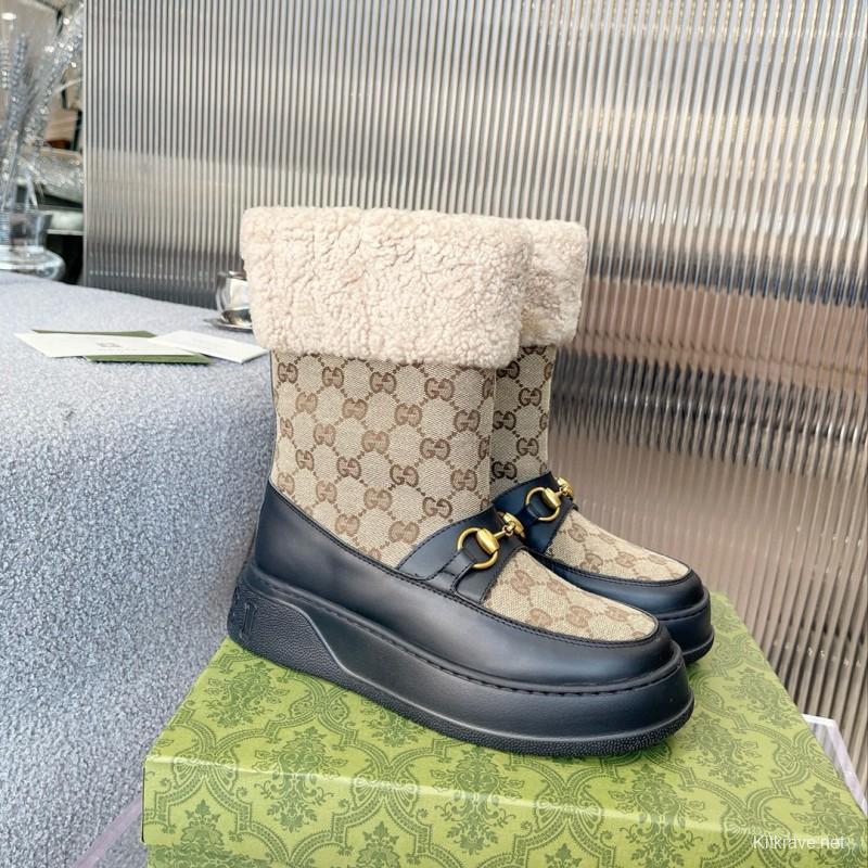 2024 Women Gucci Beige Brown Leather Snow Boots Horsebit MJ00420