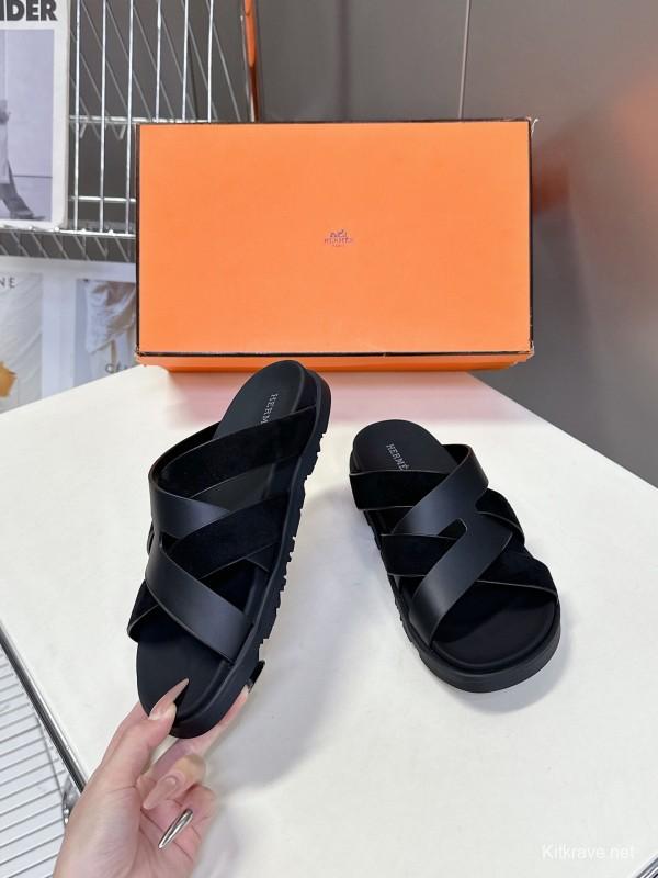 2025 Slippers Hermès Black Leather Slippers