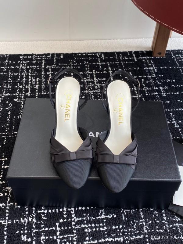 2025 Women Chanel Black Satin Leather High Heels Bow Slingback KFY00289