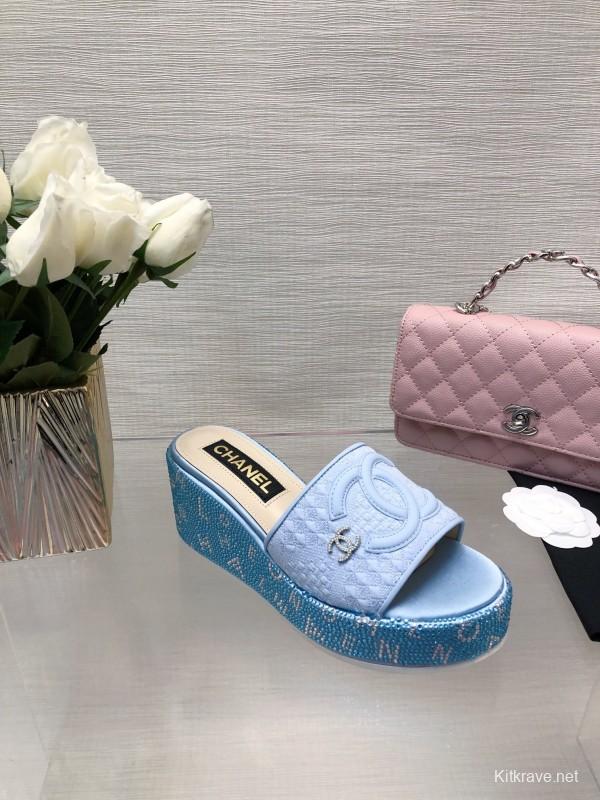 2025 Women Chanel Blue White Fabric Platform Slide Sandals LY00320