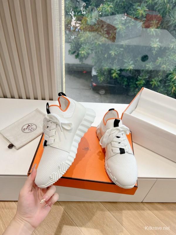 2024 Unisex Hermès White Black Orange Calf Suede Sneakers MJ00290